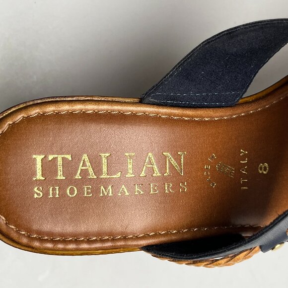 Italian Shoemaker Wedge Sandals 8 Brown Tan Black Platform Espadrille Slide Heel - Picture 6 of 8